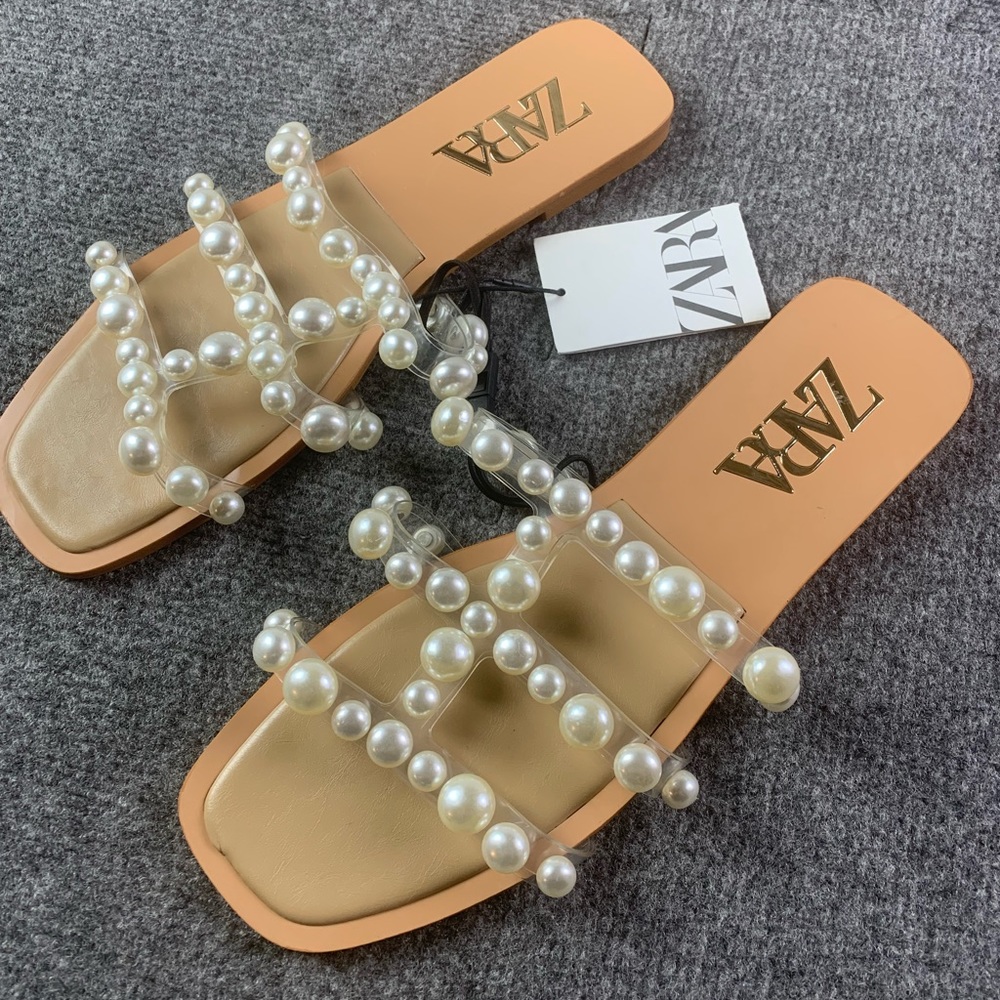 ZARA Womens Pearl Strappy Flat Slip On Sandals Size 8 Tan